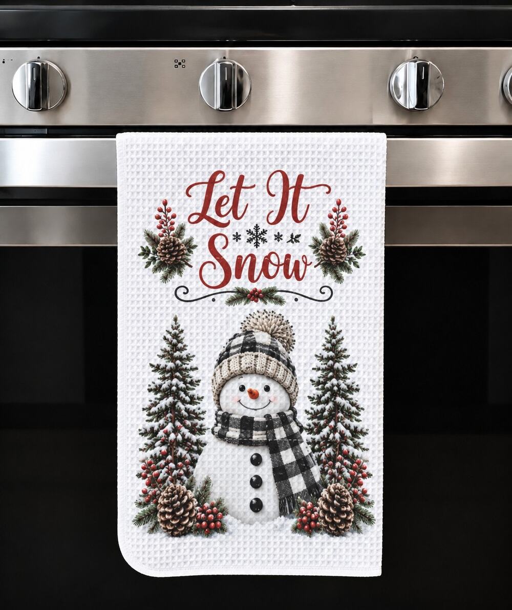 Let It Snow Snowman Winter Kitchen Towel Farmhouse Christmas Decor